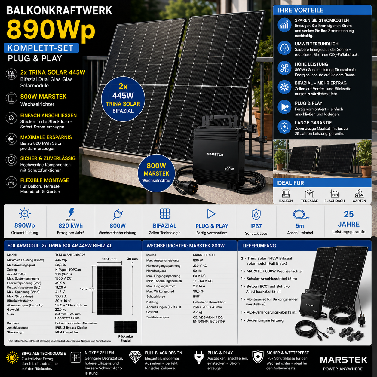 Balkonkraftwerk 890Wp 2x Trina Solar 445W Bifizial + 800W Marstek Wechselrichter