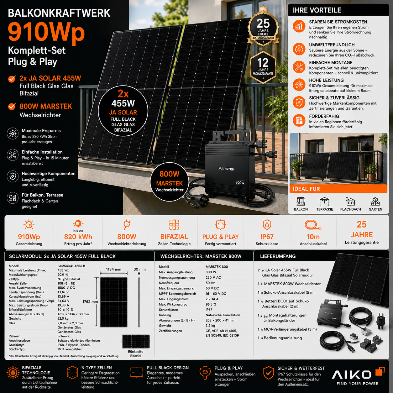Balkonkraftwerk 910Wp 2x Ja Solar 455W Full Black + 800W Marstek Wechselrichter