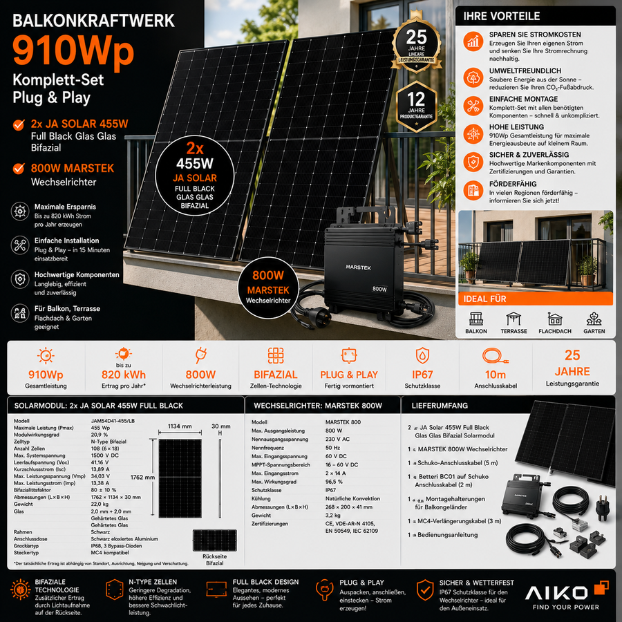 Balkonkraftwerk 910Wp 2x Ja Solar 455W Full Black + 800W Marstek Wechselrichter