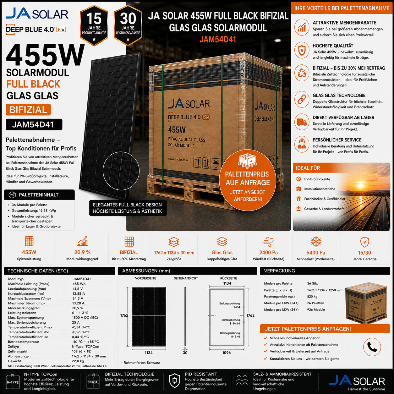 Ja Solar 455W Solarmodul Full Black Glas Glas Bifizial JAM54D41