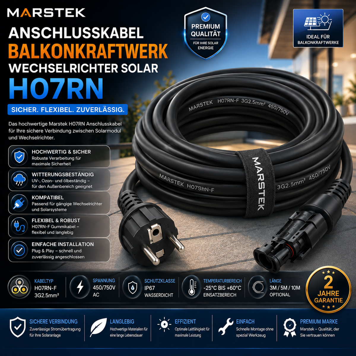 Marstek Anschlusskabel Balkonkraftwerk Kabel Wechselrichter Solar H07RN