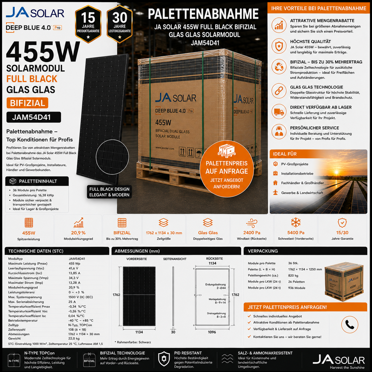 Palettenabnahme Ja Solar 455W Solarmodul Full Black Glas Glas Bifizial JAM54D41