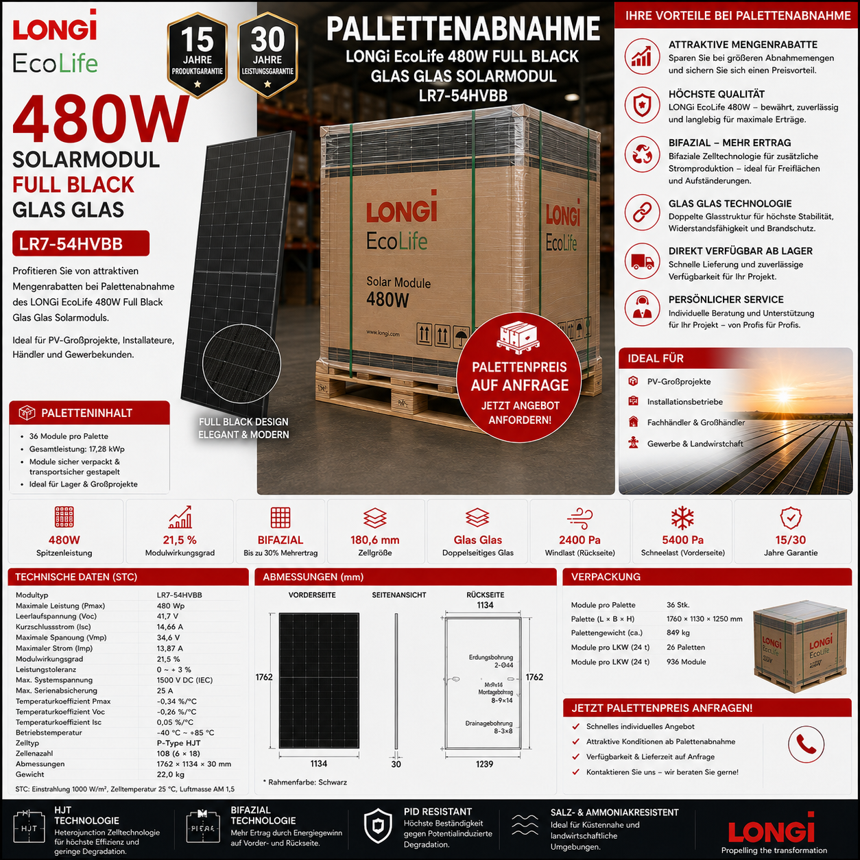 Palettenabnahme LONGi EcoLife 480W Solarmodul Full Black Glas Glas LR7-54HVBB