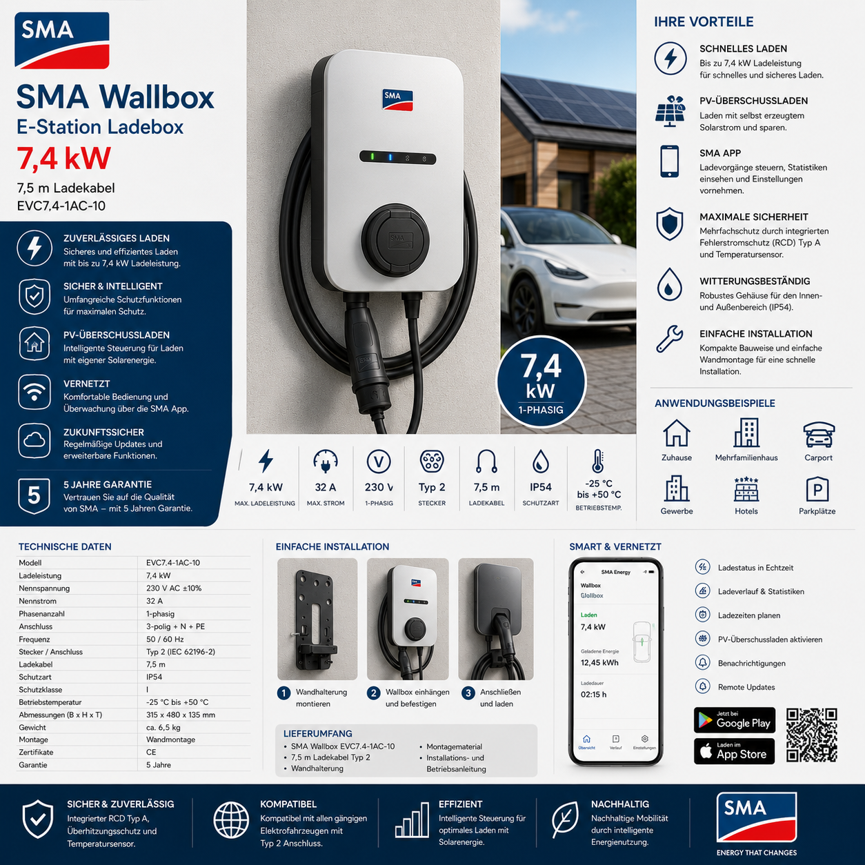 SMA Wallbox Ladestation E-Station Ladebox 7,4kW 7,5 m EVC7.4-1AC-10