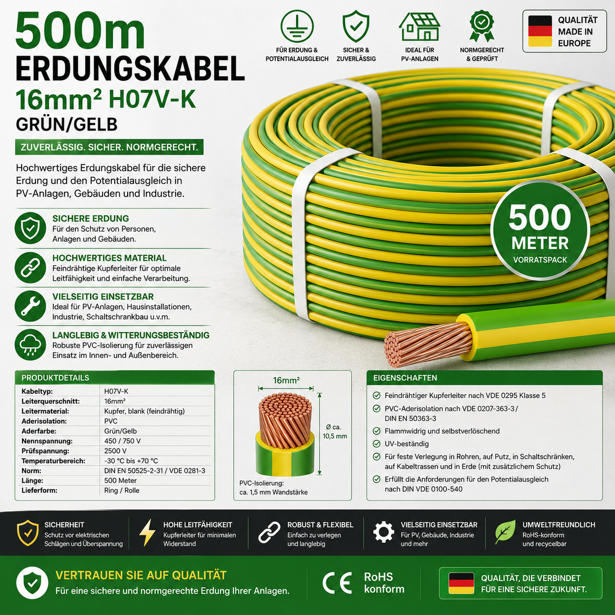 500m Erdungskabel 16mm² H07V-K Grün/Gelb
