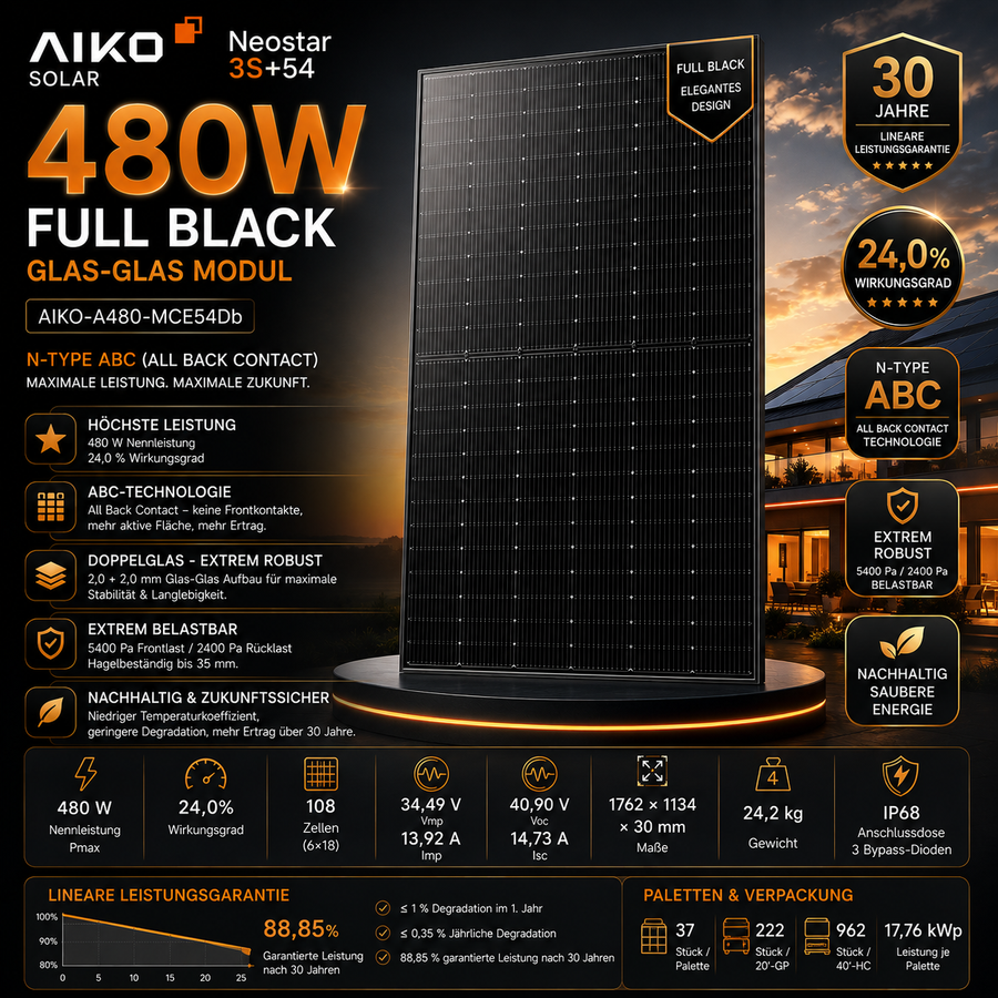 AIKO 480W Solarmodul Full Black Glas Glas MCE54Db Neostar 3S+54