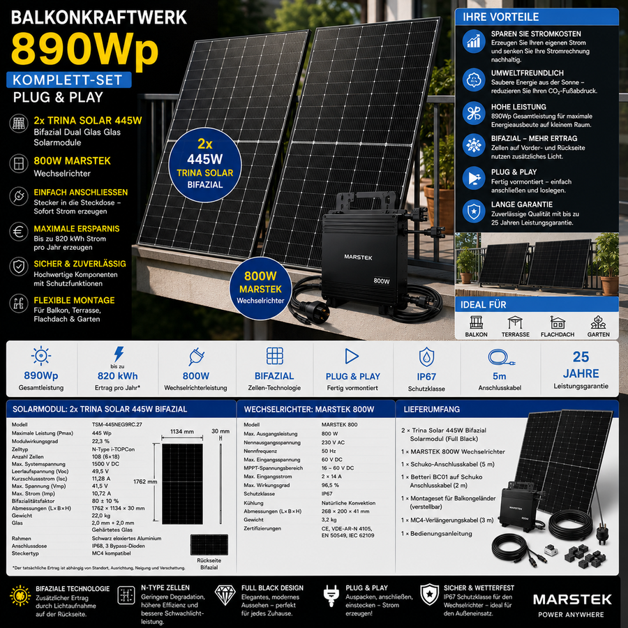 Balkonkraftwerk 890Wp 2x Trina Solar 445W Bifizial + 800W Marstek Wechselrichter