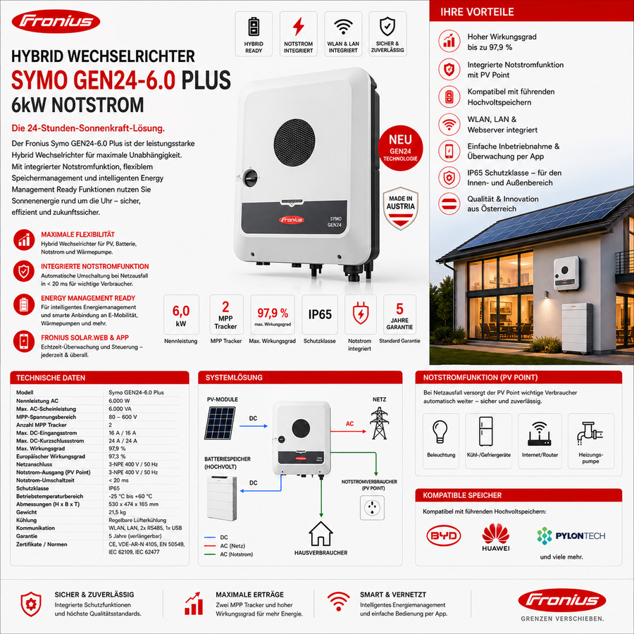 Fronius Hybrid Wechselrichter 6kW Notstrom Symo GEN24-6.0 Plus