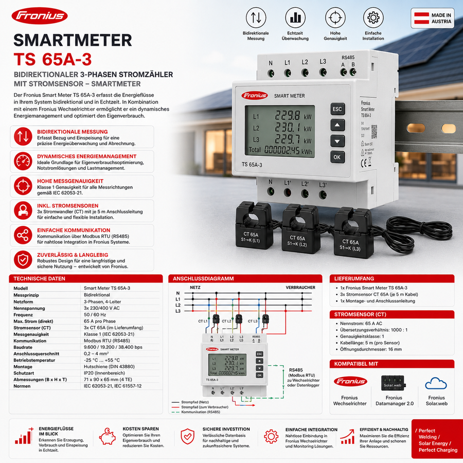 Fronius SmartMeter Bidirektionale Strom Zähler Stromsensor Smartmeter TS 65A-3