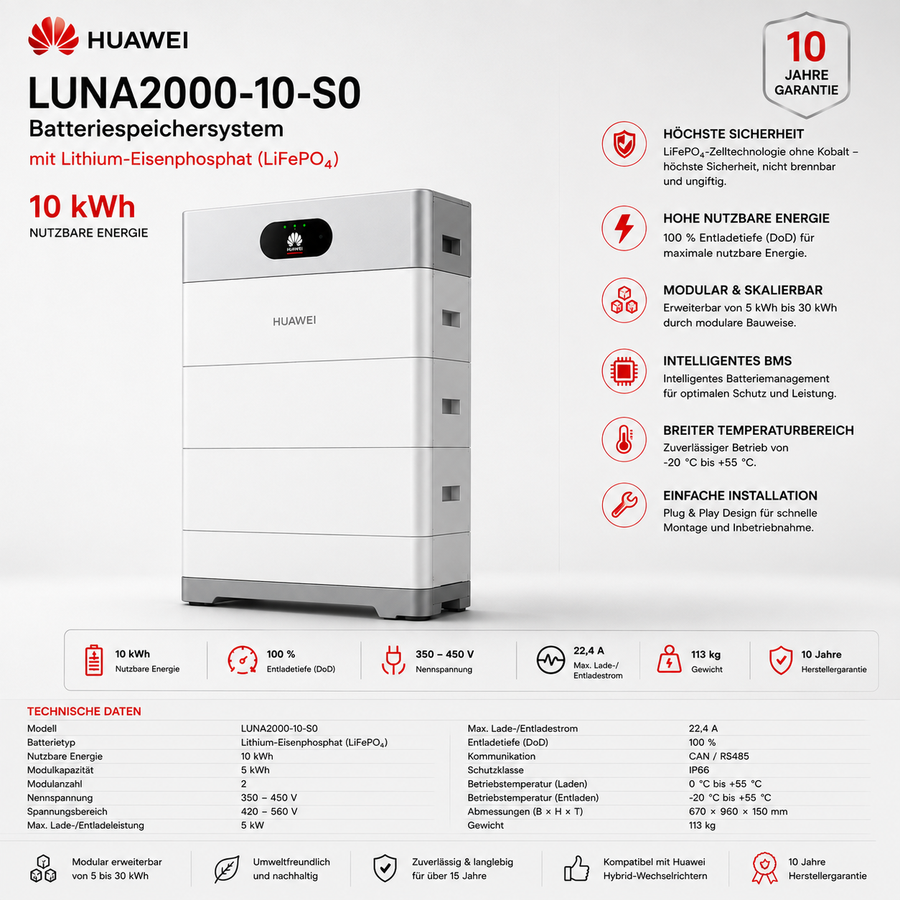 Huawei - LUNA2000-10-S0 (10 kWh) BATTERIESPEICHERSYSTEM MIT LITHIUM-EISENPHOSPHAT 0% MwSt. für Privatkunden