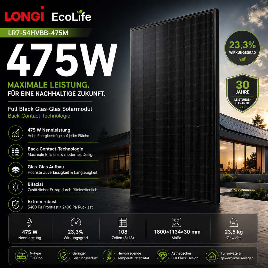 LONGi EcoLife 475W Solarmodul Full Black Glas Glas LR7-54HVBB-475M