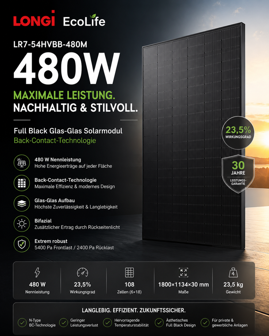 LONGi EcoLife 480W Solarmodul Full Black Glas Glas LR7-54HVBB-480M