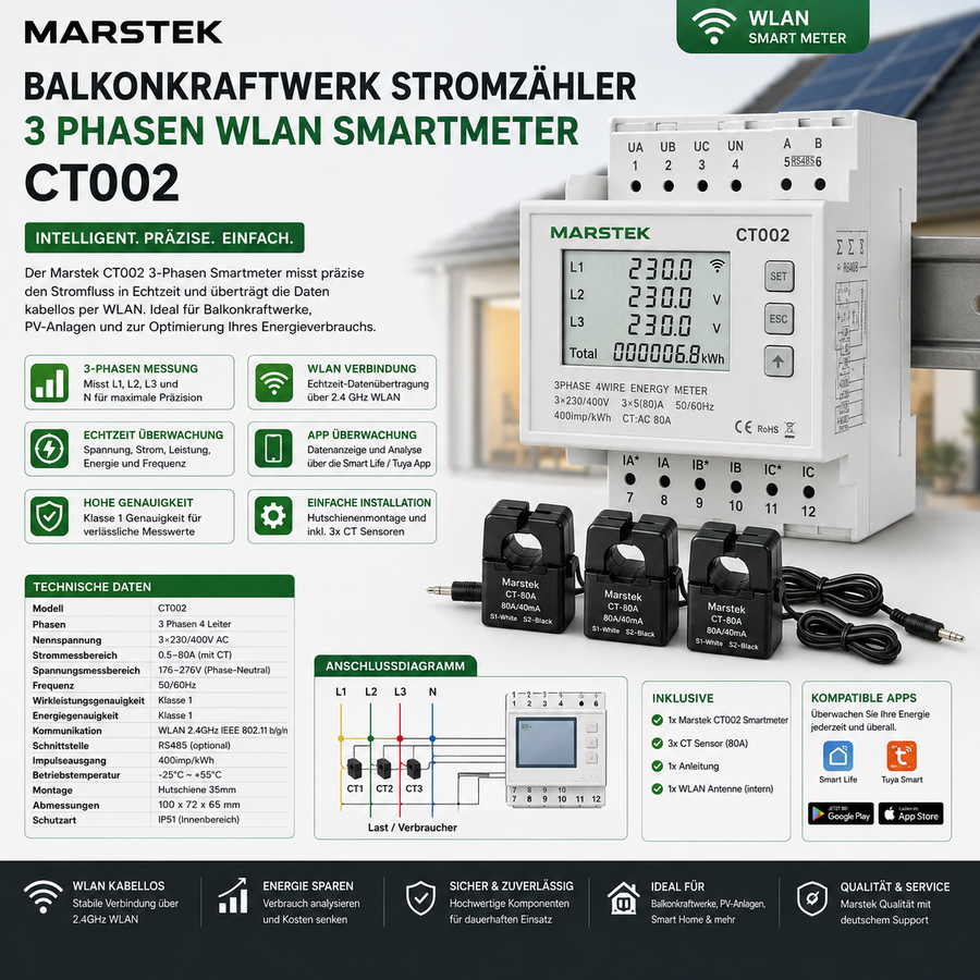 Marstek Balkonkraftwerk Stromzähler 3 Phasen WLAN Smartmeter CT002