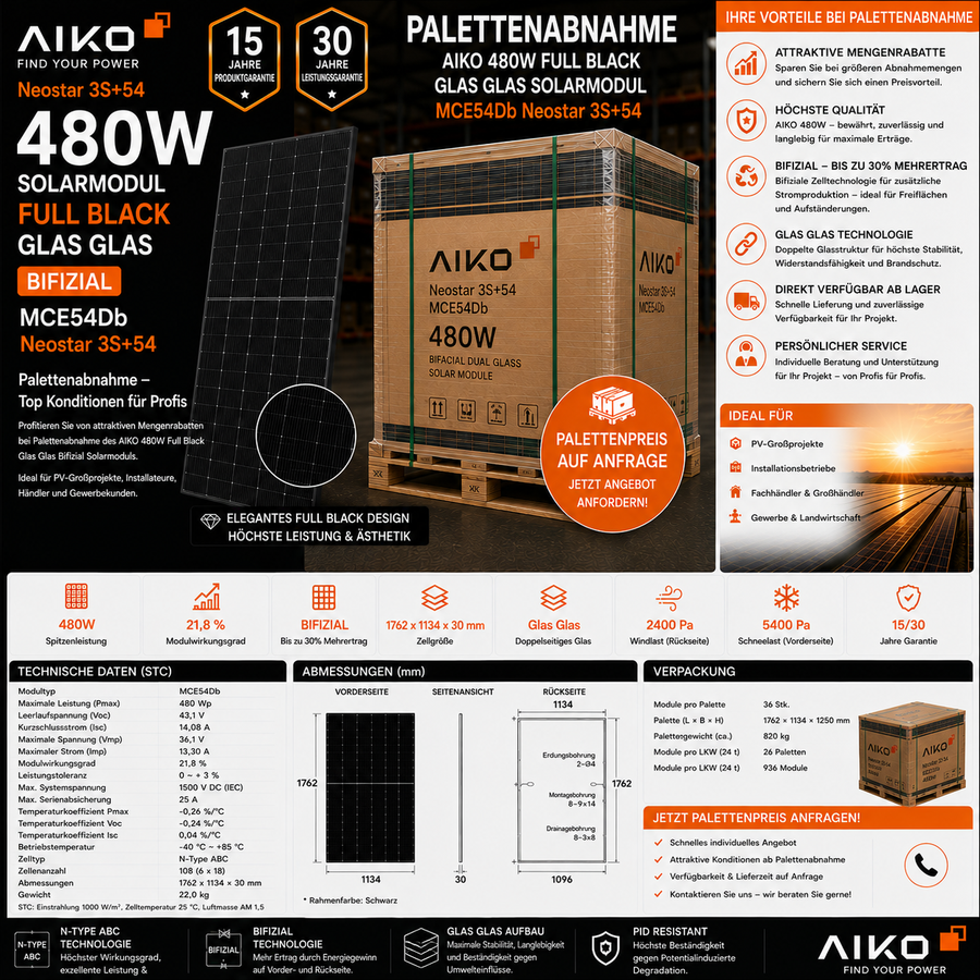 Palettenabnahme AIKO 480W Solarmodul Full Black Glas Glas MCE54Db Neostar 3S+54