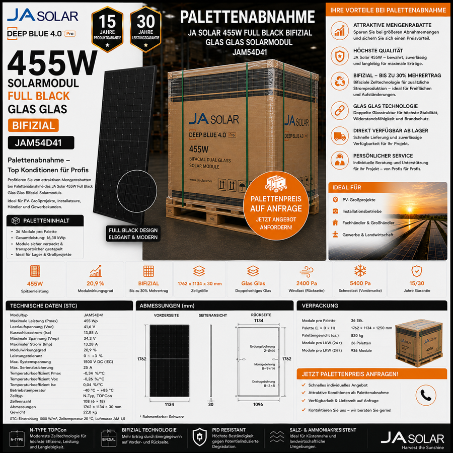 Palettenabnahme Ja Solar 455W Solarmodul Full Black Glas Glas Bifizial JAM54D41