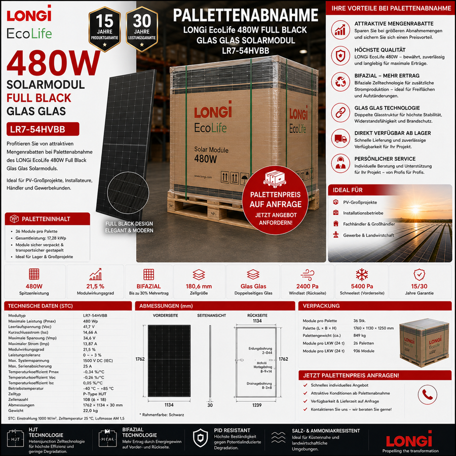 Palettenabnahme LONGi EcoLife 480W Solarmodul Full Black Glas Glas LR7-54HVBB