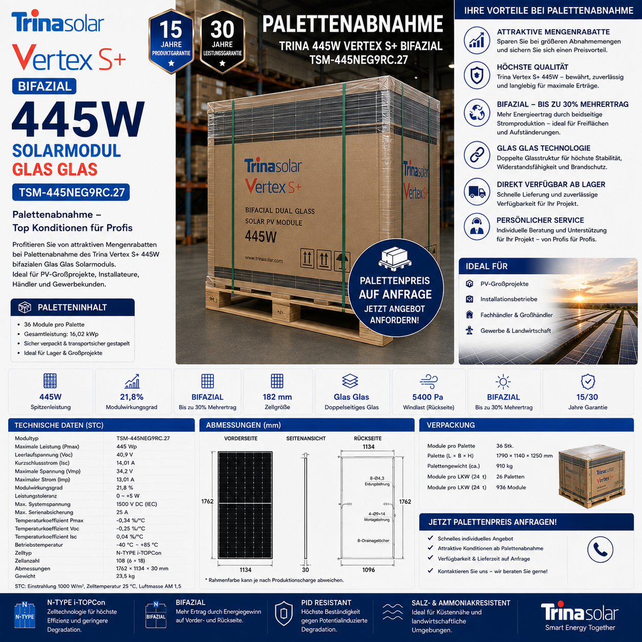 Palettenabnahme Trina 445W Solarmodul Bifazial Vertex S+ Glas Glas TSM-445NEG9RC.27