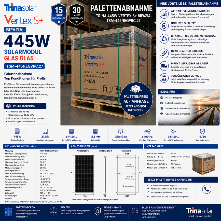 Palettenabnahme Trina 445W Solarmodul Bifazial Vertex S+ Glas Glas TSM-445NEG9RC.27
