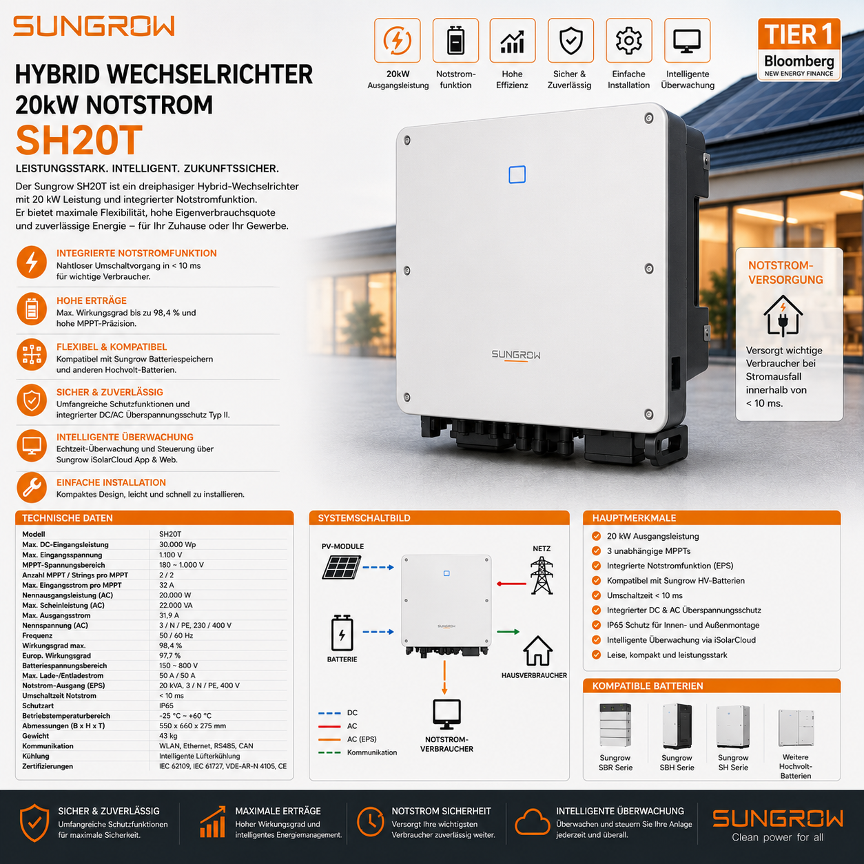 Sungrow Hybrid Wechselrichter 20kW Notstrom SH20T