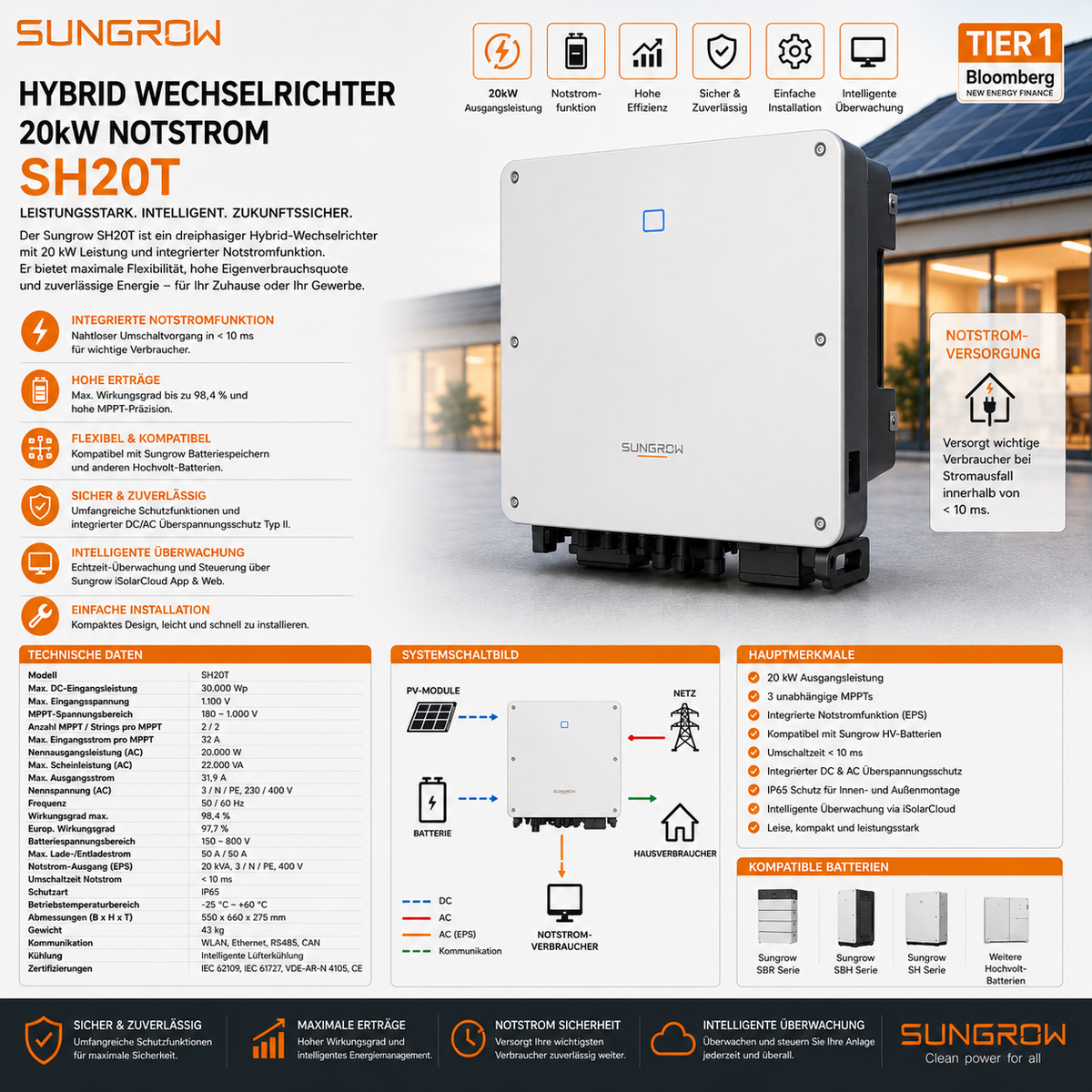 Sungrow Hybrid Wechselrichter 20kW Notstrom SH20T
