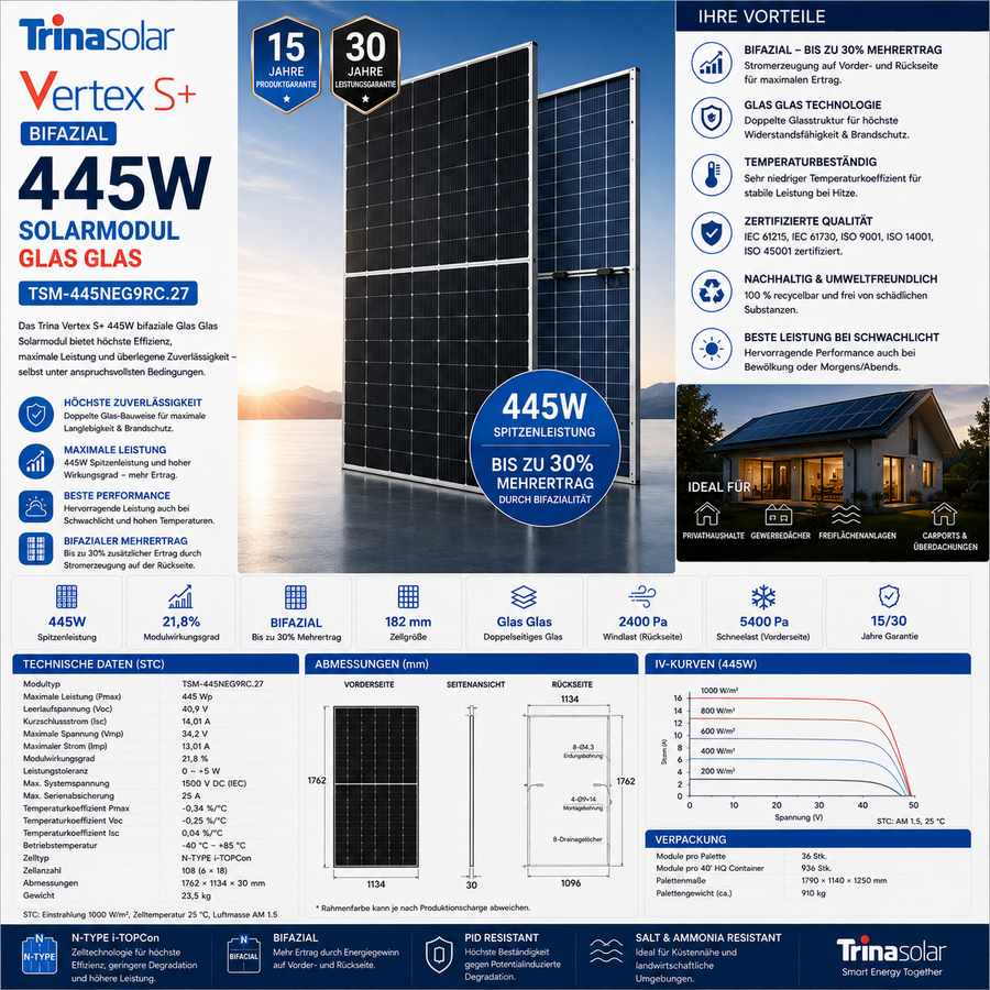 Trina 445W Solarmodul Bifazial Vertex S+ Glas Glas TSM-445NEG9RC.27